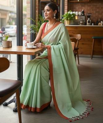 Red & firoza fancy cotton handloom saree with blouse piece for women 3