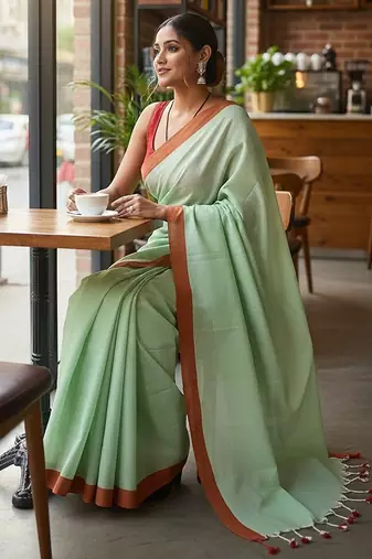 Red & firoza fancy cotton handloom saree with blouse piece for women
