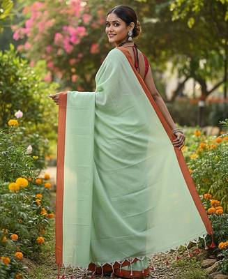Red & firoza fancy cotton handloom saree with blouse piece for women 4