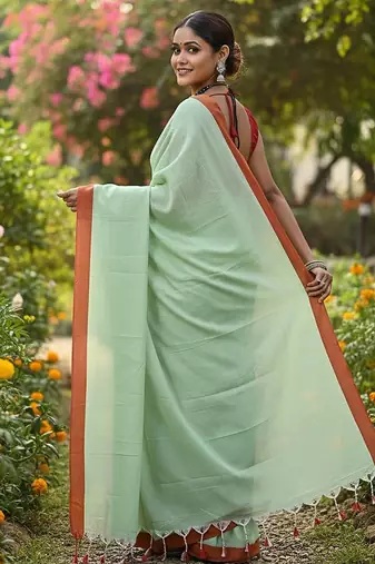 Red & firoza fancy cotton handloom saree with blouse piece for women