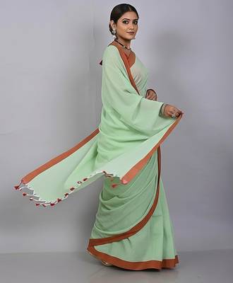 Red & firoza fancy cotton handloom saree with blouse piece for women 5