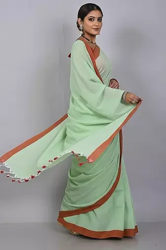 Red & firoza fancy cotton handloom saree with blouse piece for women