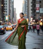 Red & green fancy cotton handloom saree with blouse piece for women