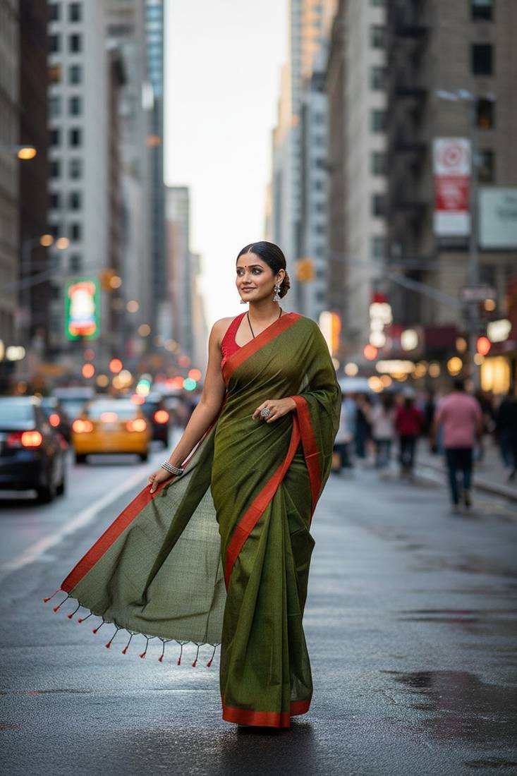Red & green fancy cotton handloom saree with blouse piece for women