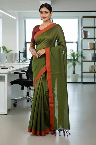 Red & green fancy cotton handloom saree with blouse piece for women