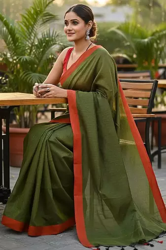 Red & green fancy cotton handloom saree with blouse piece for women