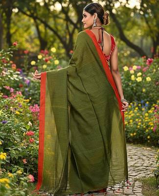 Red & green fancy cotton handloom saree with blouse piece for women 4