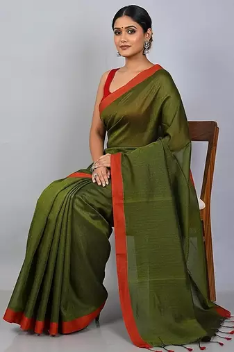 Red & green fancy cotton handloom saree with blouse piece for women