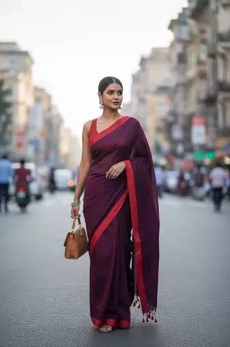 Red & majendar fancy cotton handloom saree with blouse piece for women