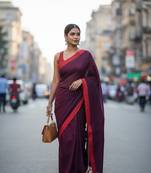 Red & majendar fancy cotton handloom saree with blouse piece for women