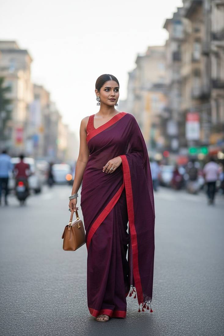Red & majendar fancy cotton handloom saree with blouse piece for women