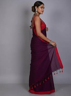 Red & majendar fancy cotton handloom saree with blouse piece for women 2