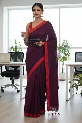 Red & majendar fancy cotton handloom saree with blouse piece for women