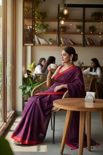 Red & majendar fancy cotton handloom saree with blouse piece for women