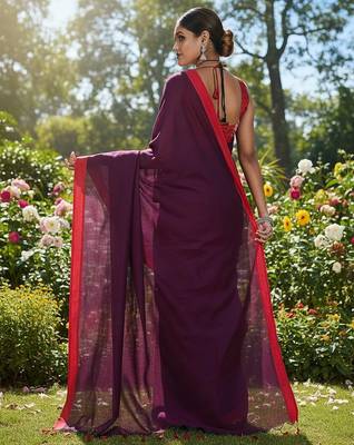 Red & majendar fancy cotton handloom saree with blouse piece for women 5