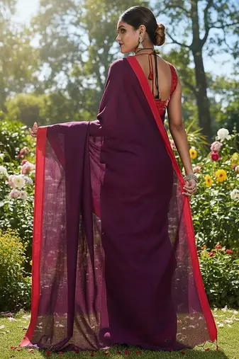 Red & majendar fancy cotton handloom saree with blouse piece for women