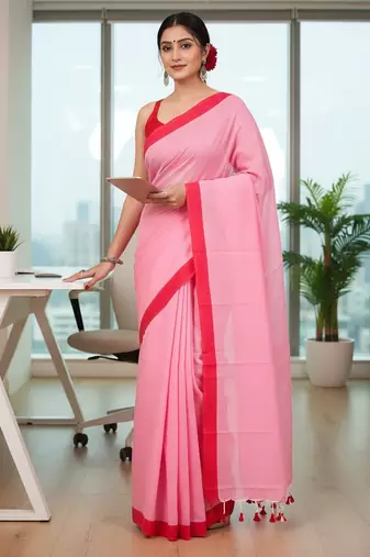 Red & pink fancy cotton handloom saree with blouse piece for women