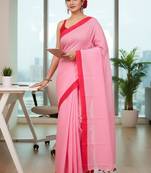 Red & pink fancy cotton handloom saree with blouse piece for women