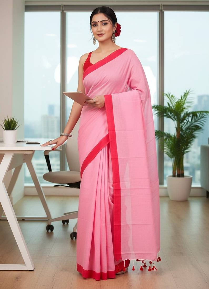 Red & pink fancy cotton handloom saree with blouse piece for women
