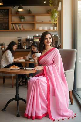 Red & pink fancy cotton handloom saree with blouse piece for women 2