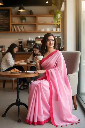 Red & pink fancy cotton handloom saree with blouse piece for women