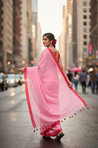 Red & pink fancy cotton handloom saree with blouse piece for women