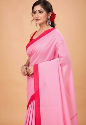 Red & pink fancy cotton handloom saree with blouse piece for women 4