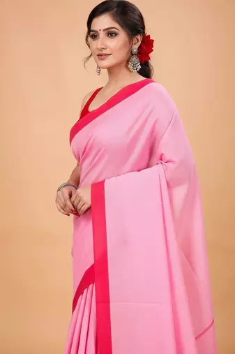 Red & pink fancy cotton handloom saree with blouse piece for women