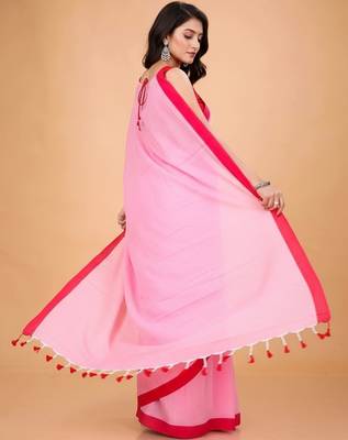 Red & pink fancy cotton handloom saree with blouse piece for women 5