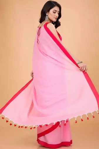 Red & pink fancy cotton handloom saree with blouse piece for women