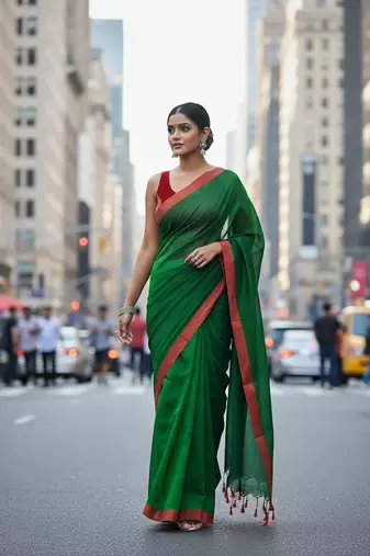 Red & tiya fancy cotton handloom saree with blouse piece for women