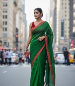 Red & tiya fancy cotton handloom saree with blouse piece for women