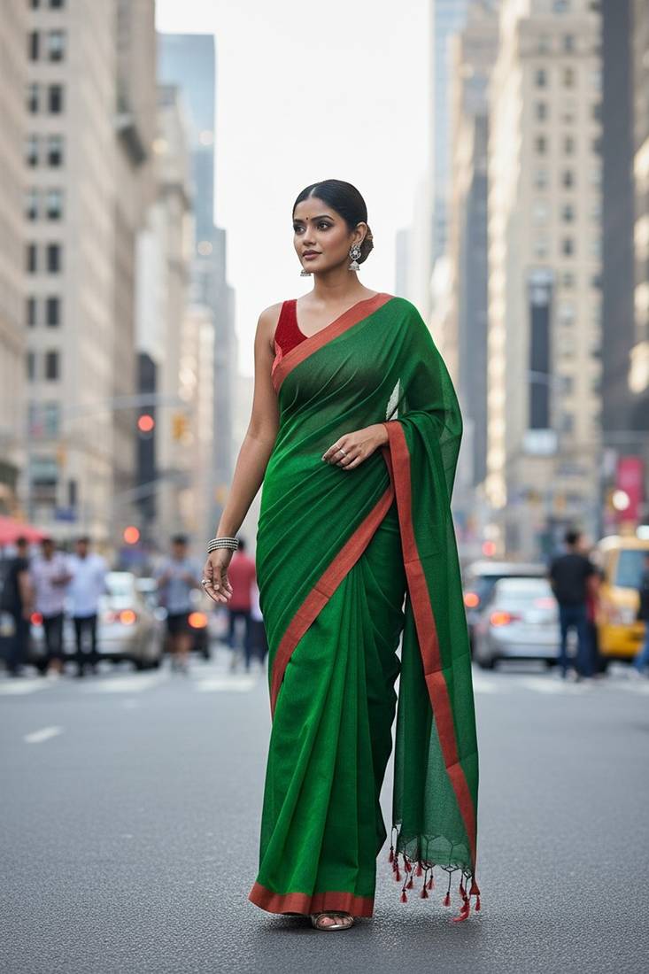 Red & tiya fancy cotton handloom saree with blouse piece for women