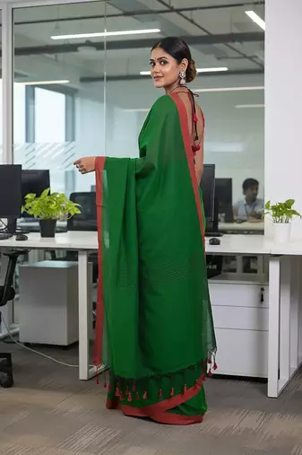 Red & tiya fancy cotton handloom saree with blouse piece for women