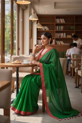 Red & tiya fancy cotton handloom saree with blouse piece for women 3