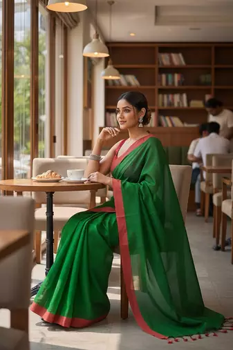 Red & tiya fancy cotton handloom saree with blouse piece for women