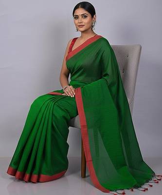 Red & tiya fancy cotton handloom saree with blouse piece for women 4