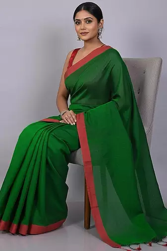 Red & tiya fancy cotton handloom saree with blouse piece for women
