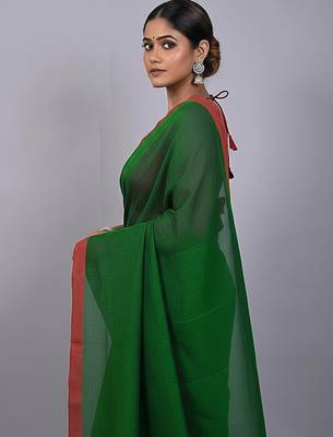 Red & tiya fancy cotton handloom saree with blouse piece for women 5