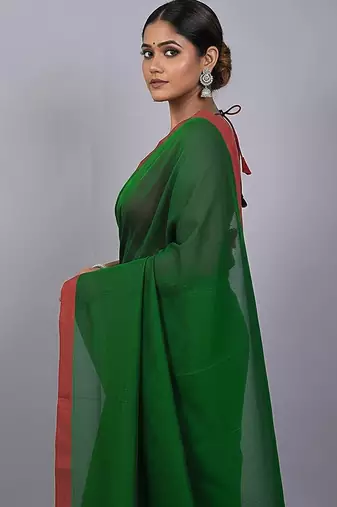 Red & tiya fancy cotton handloom saree with blouse piece for women