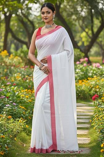 Red & white fancy cotton handloom saree with blouse piece for women