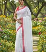 Red & white fancy cotton handloom saree with blouse piece for women