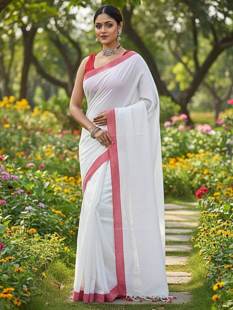 Red & white fancy cotton handloom saree with blouse piece for women