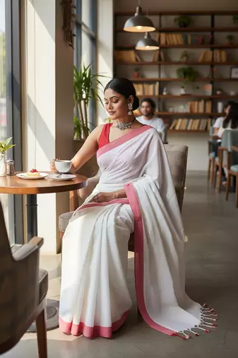 Red & white fancy cotton handloom saree with blouse piece for women