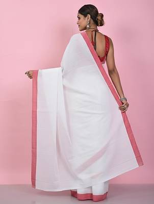 Red & white fancy cotton handloom saree with blouse piece for women 4