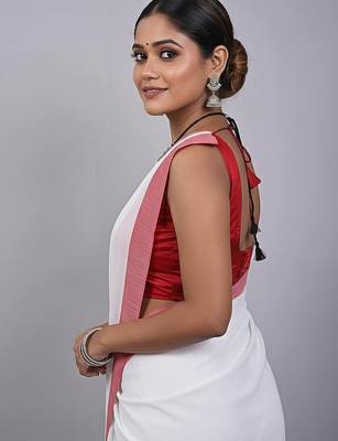 Red & white fancy cotton handloom saree with blouse piece for women 5