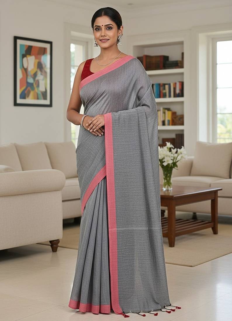 Red & yash fancy cotton handloom saree with blouse piece for women