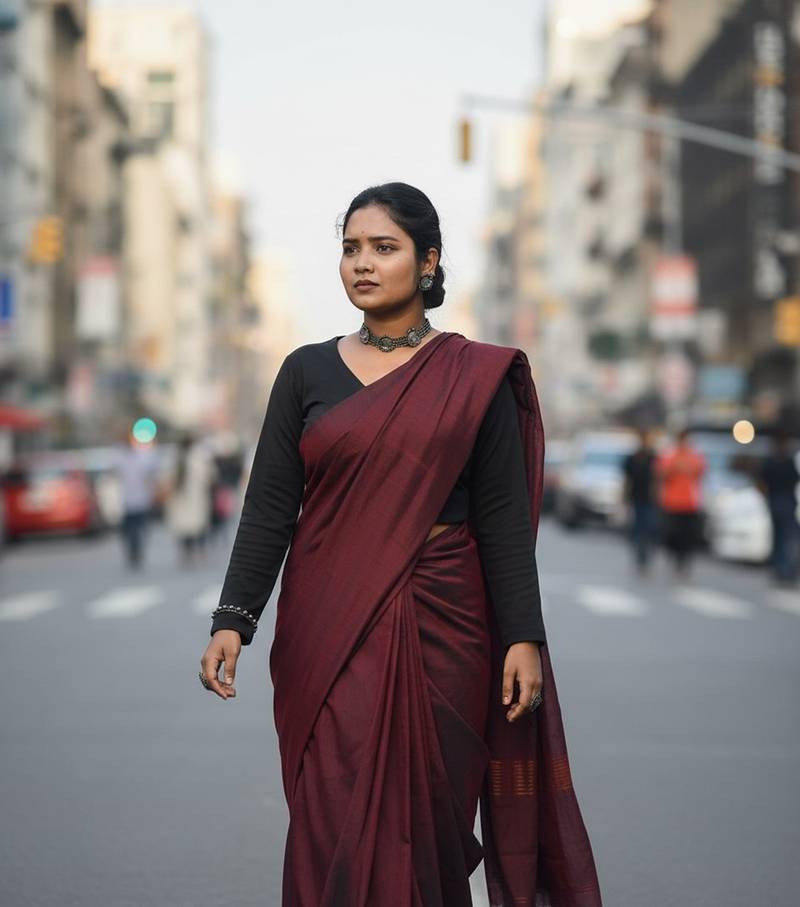 Red fancy cotton handloom saree with blouse piece for women