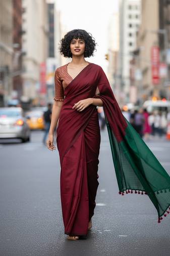 Red & tiya fancy cotton handloom saree with blouse piece for women