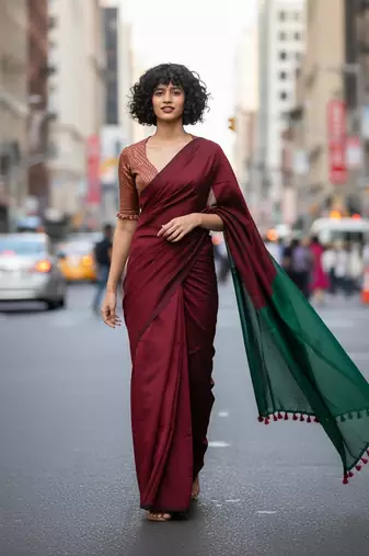 Red & tiya fancy cotton handloom saree with blouse piece for women